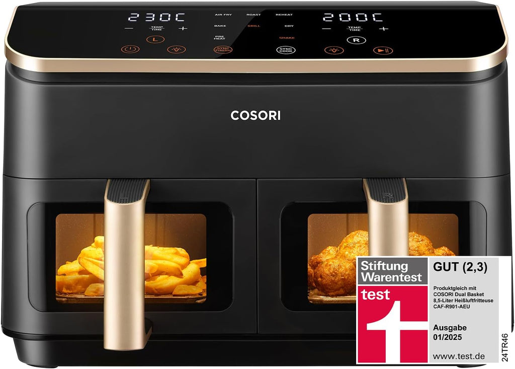 Cosori CAF-R903 Dual Zone Heißluftfritteuse 8,5L – Sichtfenster, Sync & Match, 1750W, Gold