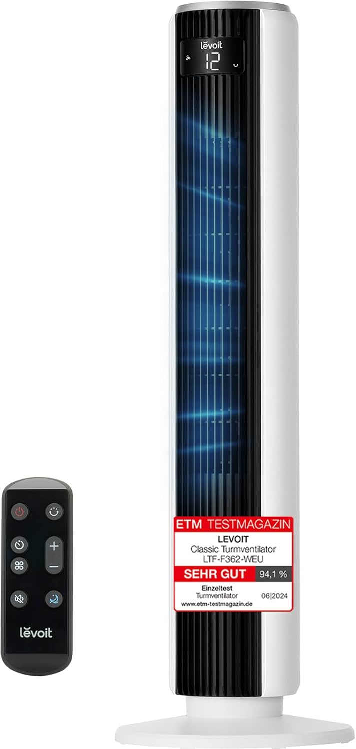 Levoit LTF-F362-WEU Classic Turmventilator 92cm – 20dB, 7,9m/s, 12 Stufen, Speicher, LED, 24W, Leinenweiß