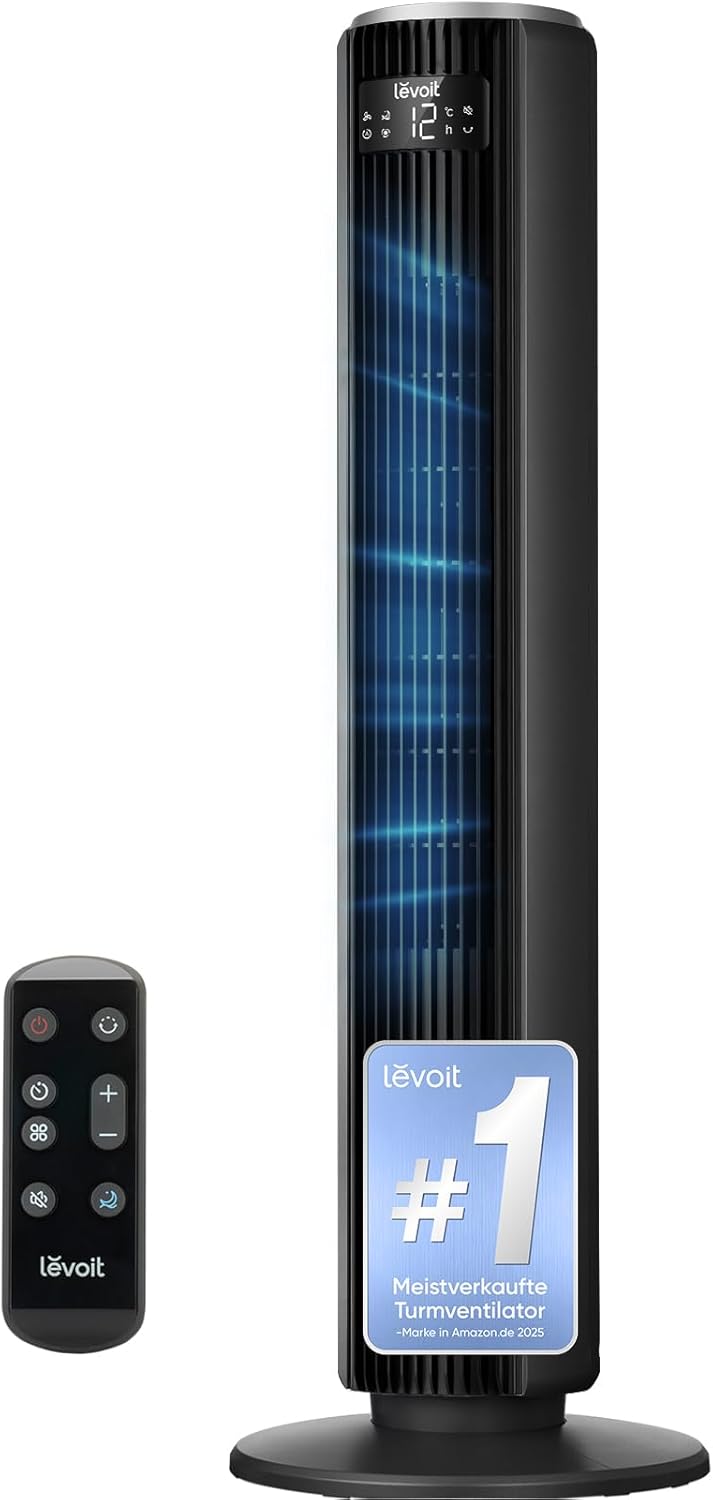 Levoit LTF-F362-KEU Classic Turmventilator 92cm – 20dB, 7,9m/s, 12 Stufen, 4 Modi, 90°, 24W, Graphitschwarz