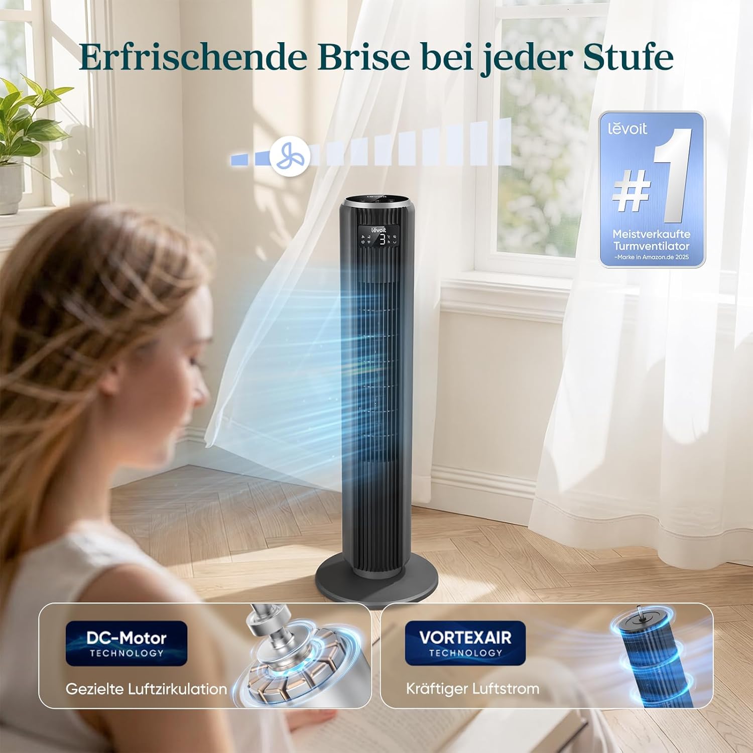 Levoit - DC Motor Turmventilator - 20dB sehr leiser Ventilator - 4 Modi/12 Stufen/12 Std Timer - Fernbedienung & Kühlung - Tower Fan mit 7,9m/s Geschwindigkeit - 24W Standventilator - Grau, 92 cm