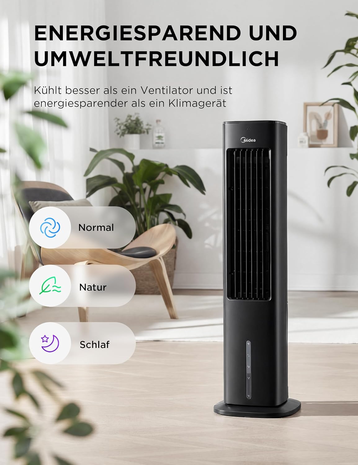 Midea Silent Air Cooler Pro 4-in-1 Luftkühler 5L – 355 m³/h, 28 dB, 3 Modi, Fernbedienung, Schwarz