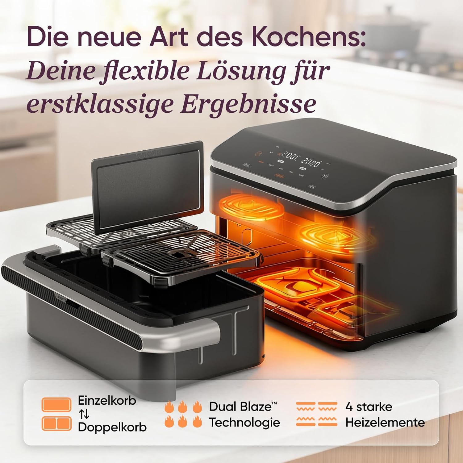 Cosori TF102S DualBlaze Heißluftfritteuse 10L – 3D Heizung, NTC-Sensor, 240°C, WiFi, 2800W, Schwarz
