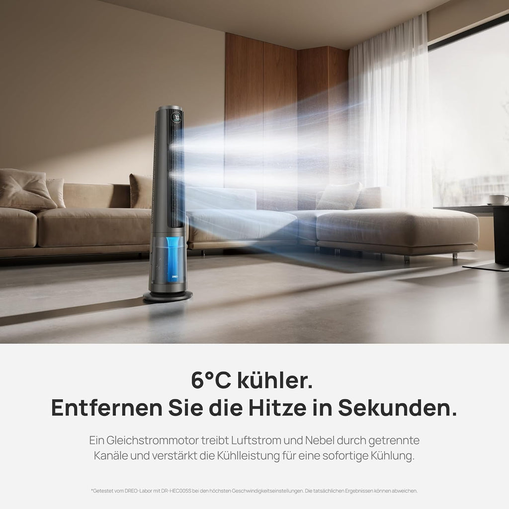 DREO DR-HEC005S Turmventilator mit Vernebler 6L – TurboCool, 3010m³/h, 20dB, RGB, 12 Stufen, WiFi, Grau