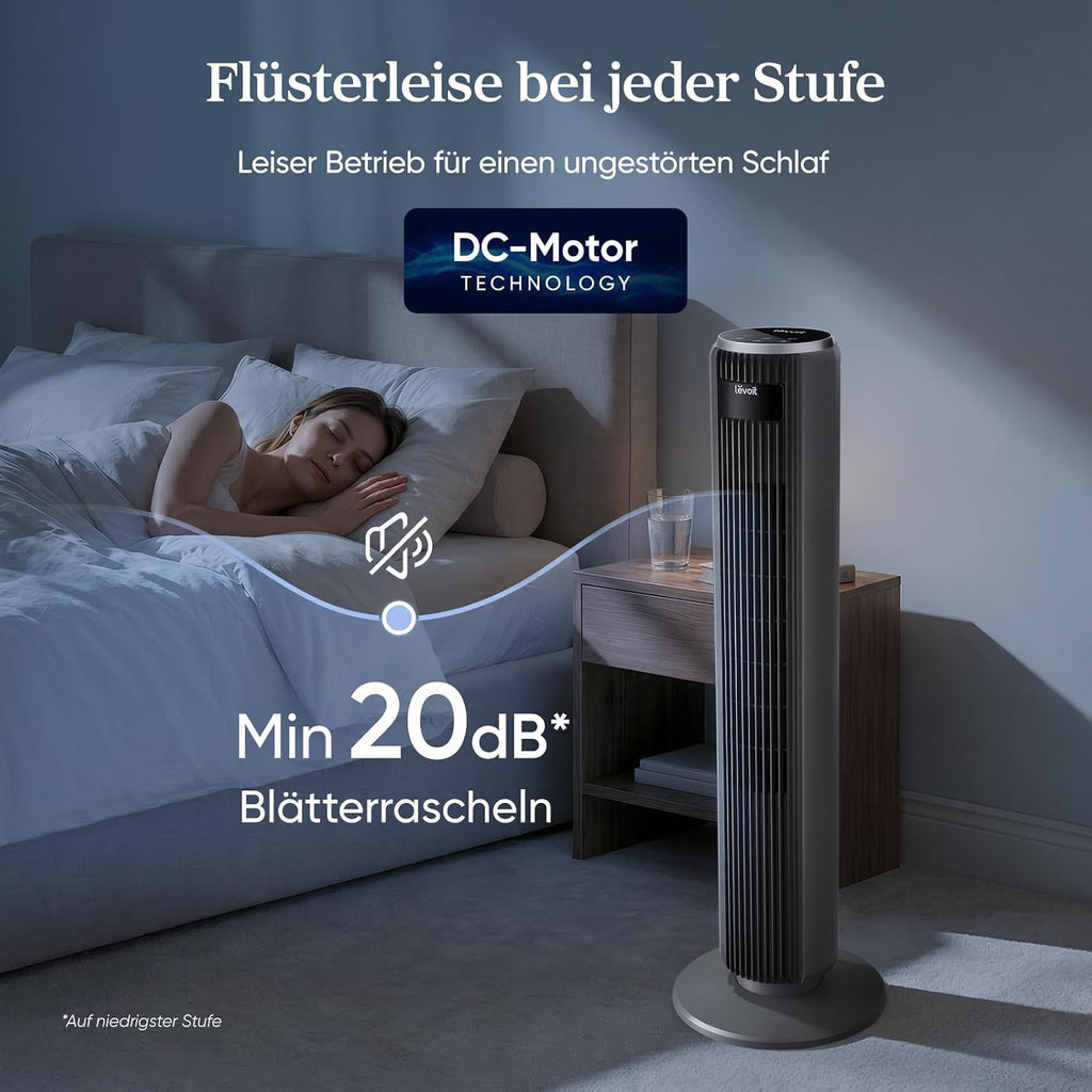 Levoit - DC Motor Turmventilator - 20dB sehr leiser Ventilator - 4 Modi/12 Stufen/12 Std Timer - Fernbedienung & Kühlung - Tower Fan mit 7,9m/s Geschwindigkeit - 24W Standventilator - Grau, 92 cm
