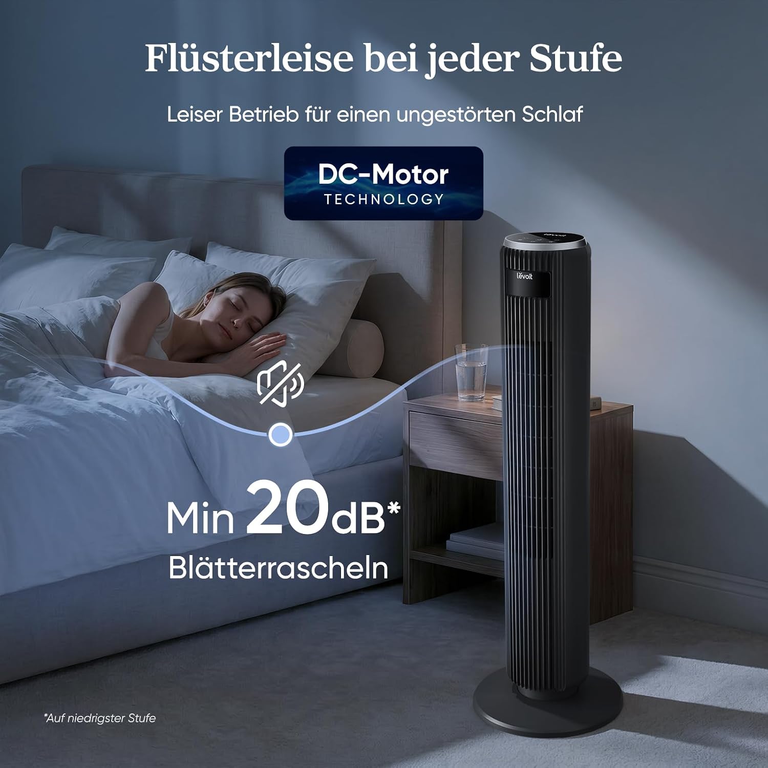 Levoit LTF-F362-KEU Classic Turmventilator 92cm – 20dB, 7,9m/s, 12 Stufen, 4 Modi, 90°, 24W, Graphitschwarz