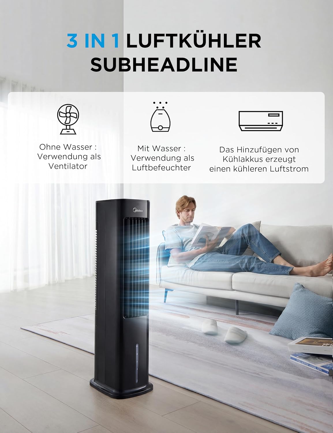 Midea Silent Air Cooler Pro 4-in-1 Luftkühler 5L – 355 m³/h, 28 dB, 3 Modi, Fernbedienung, Schwarz