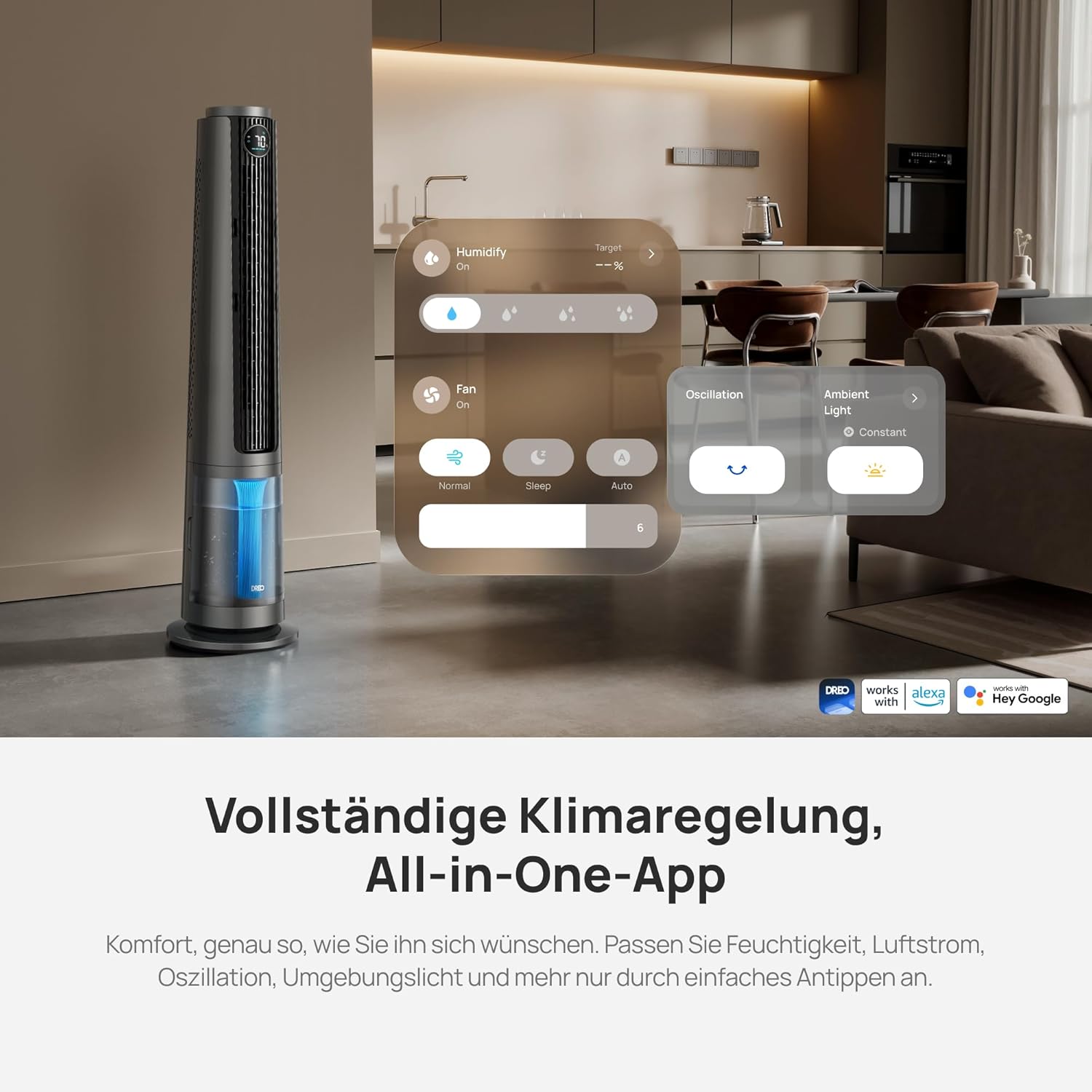 DREO DR-HEC005S Turmventilator mit Vernebler 6L – TurboCool, 3010m³/h, 20dB, RGB, 12 Stufen, WiFi, Grau