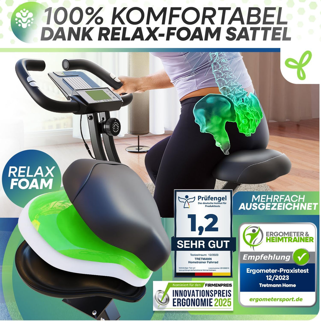 TRETMANN Heimtrainer klappbar 16 Stufen – Magnetbremse, Pulssensor, 150kg, DEKRA, Matt Stahl