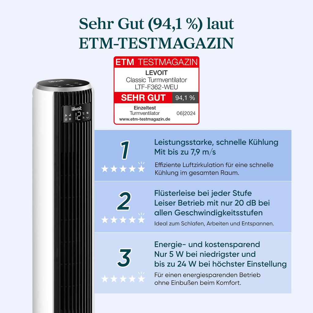 Levoit LTF-F362-WEU Classic Turmventilator 92cm – 20dB, 7,9m/s, 12 Stufen, Speicher, LED, 24W, Leinenweiß