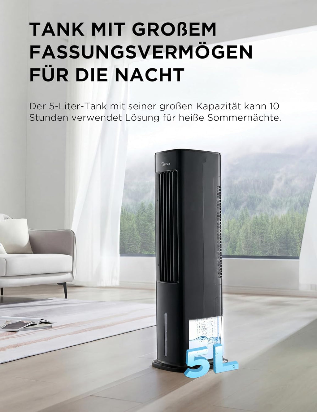Midea Silent Air Cooler Pro 4-in-1 Luftkühler 5L – 355 m³/h, 28 dB, 3 Modi, Fernbedienung, Schwarz
