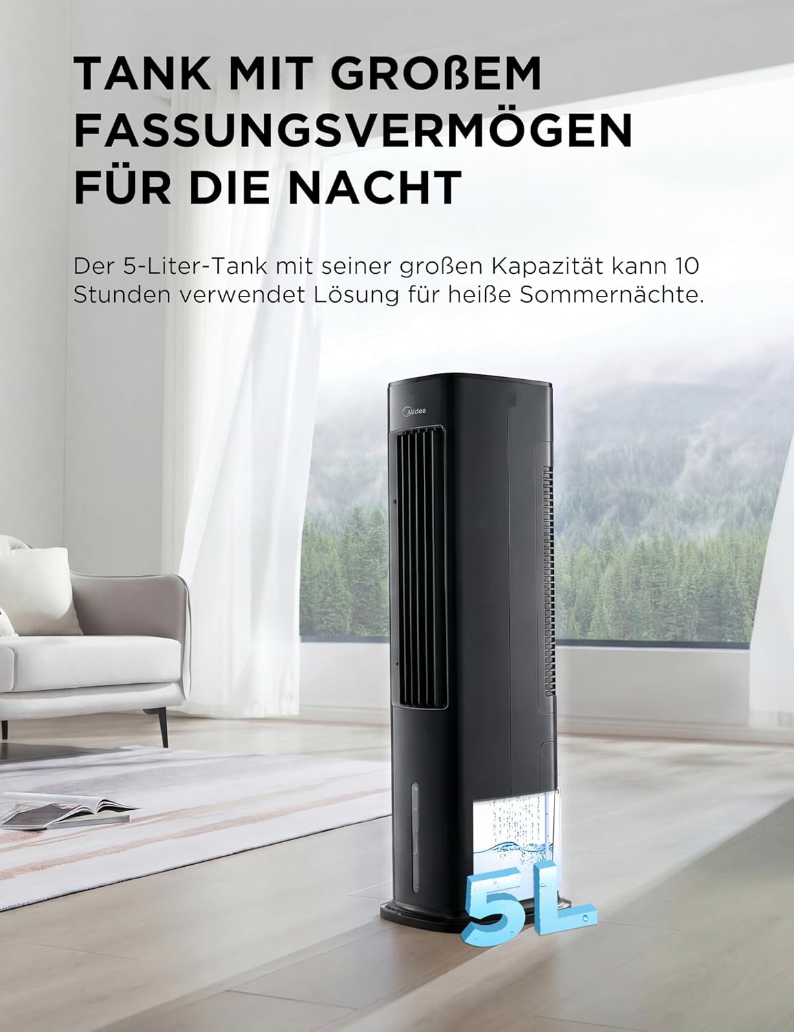 Midea Silent Air Cooler Pro 4-in-1 Luftkühler 5L – 355 m³/h, 28 dB, 3 Modi, Fernbedienung, Schwarz