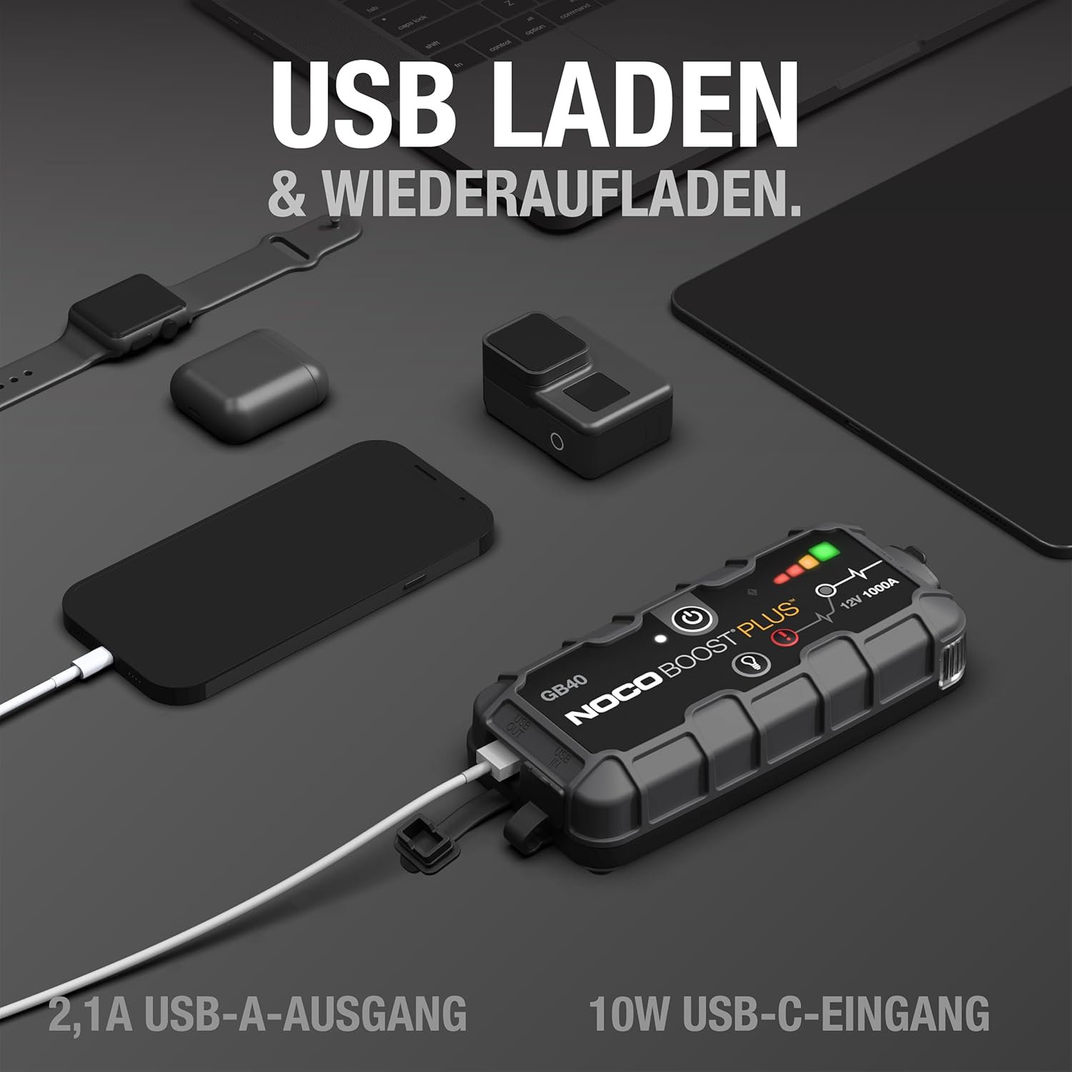 NOCO GB40 Starthilfe Powerbank 1000A – 12V, IP65, 20 Starts, LED, USB-C, Pkw/Motorrad/Boot, 1,1kg