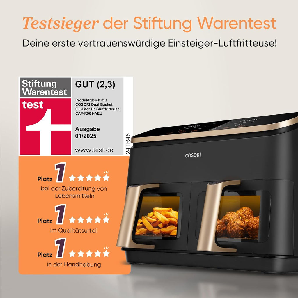 Cosori CAF-R903 Dual Zone Heißluftfritteuse 8,5L – Sichtfenster, Sync & Match, 1750W, Gold