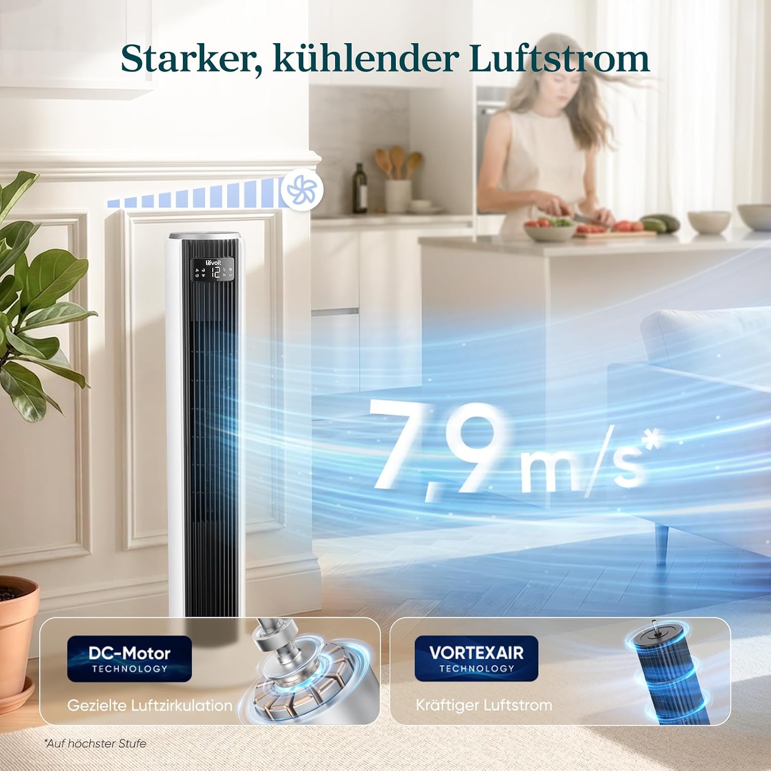 Levoit LTF-F362-WEU Classic Turmventilator 92cm – 20dB, 7,9m/s, 12 Stufen, Speicher, LED, 24W, Leinenweiß