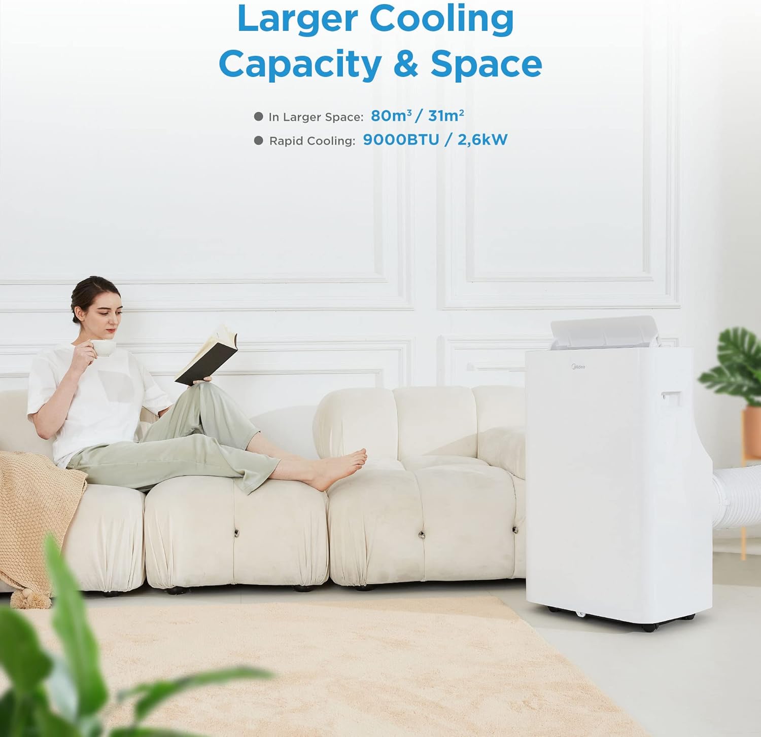Midea Silent Cool 26 Pro WF Mobiles Klimagerät 9.000 BTU – 3-in-1, R290, EEK A, WiFi, 32m², Weiß