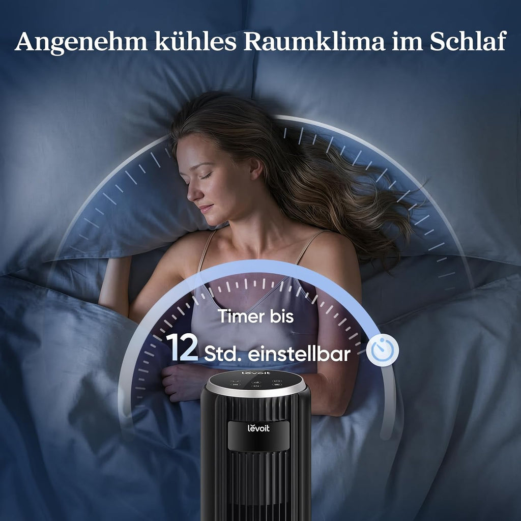 Levoit LTF-F362-KEU Classic Turmventilator 92cm – 20dB, 7,9m/s, 12 Stufen, 4 Modi, 90°, 24W, Graphitschwarz