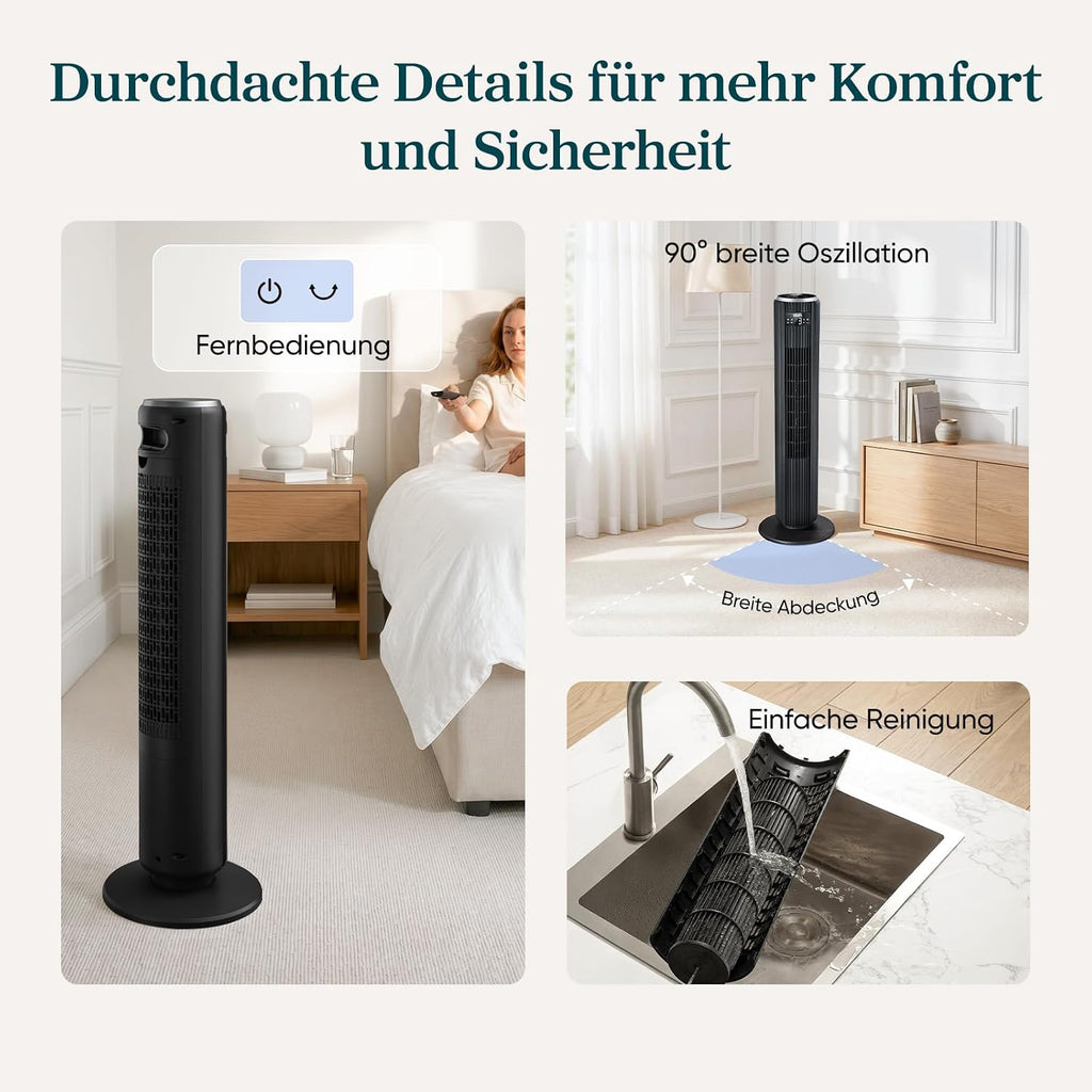 Levoit LTF-F362-KEU Classic Turmventilator 92cm – 20dB, 7,9m/s, 12 Stufen, 4 Modi, 90°, 24W, Graphitschwarz