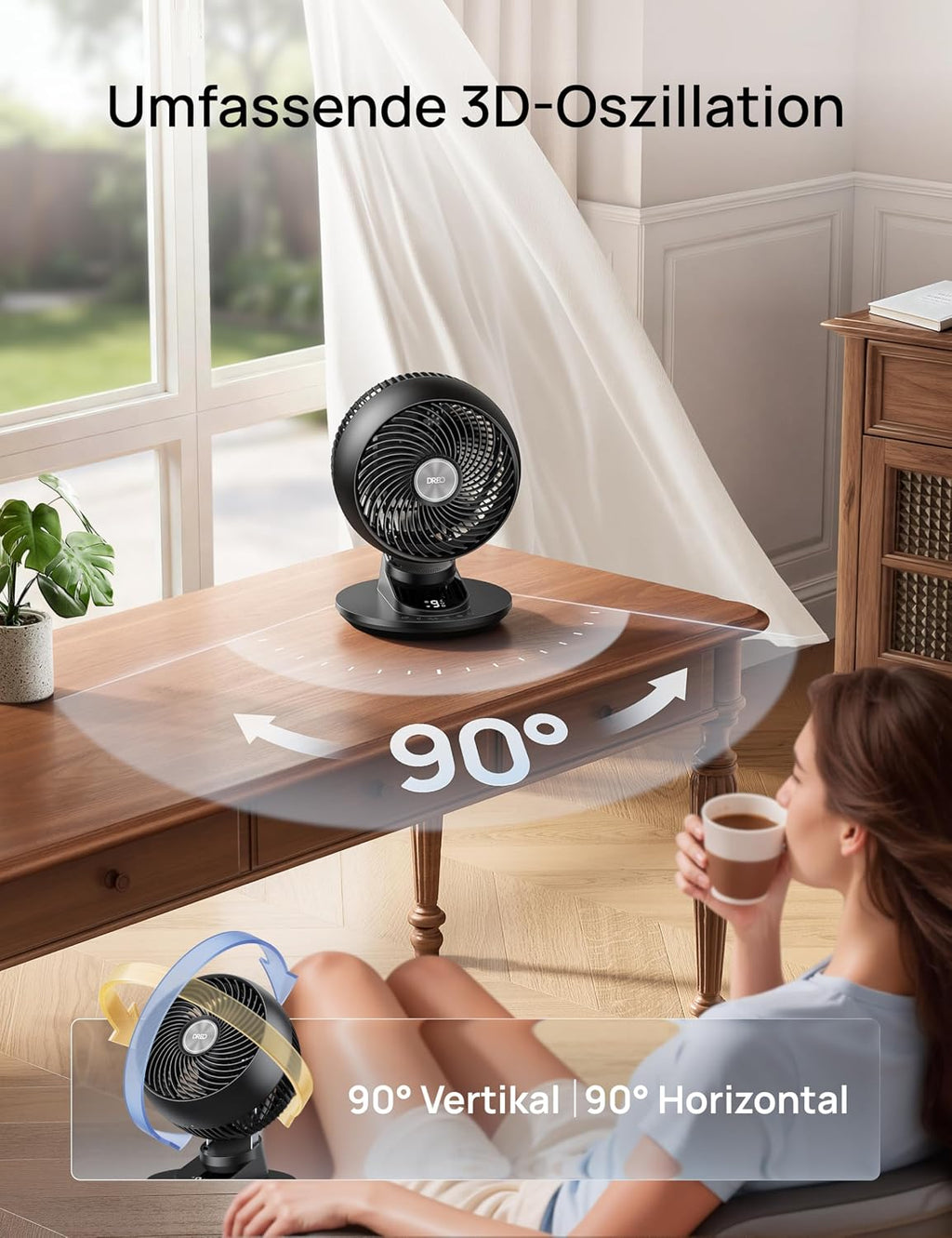 DREO TurboPoly DR-HAF008S Tischventilator – 1.530m³/h, 22dB, 100° Oszillation, 9 Stufen, WiFi, Alexa, Schwarz