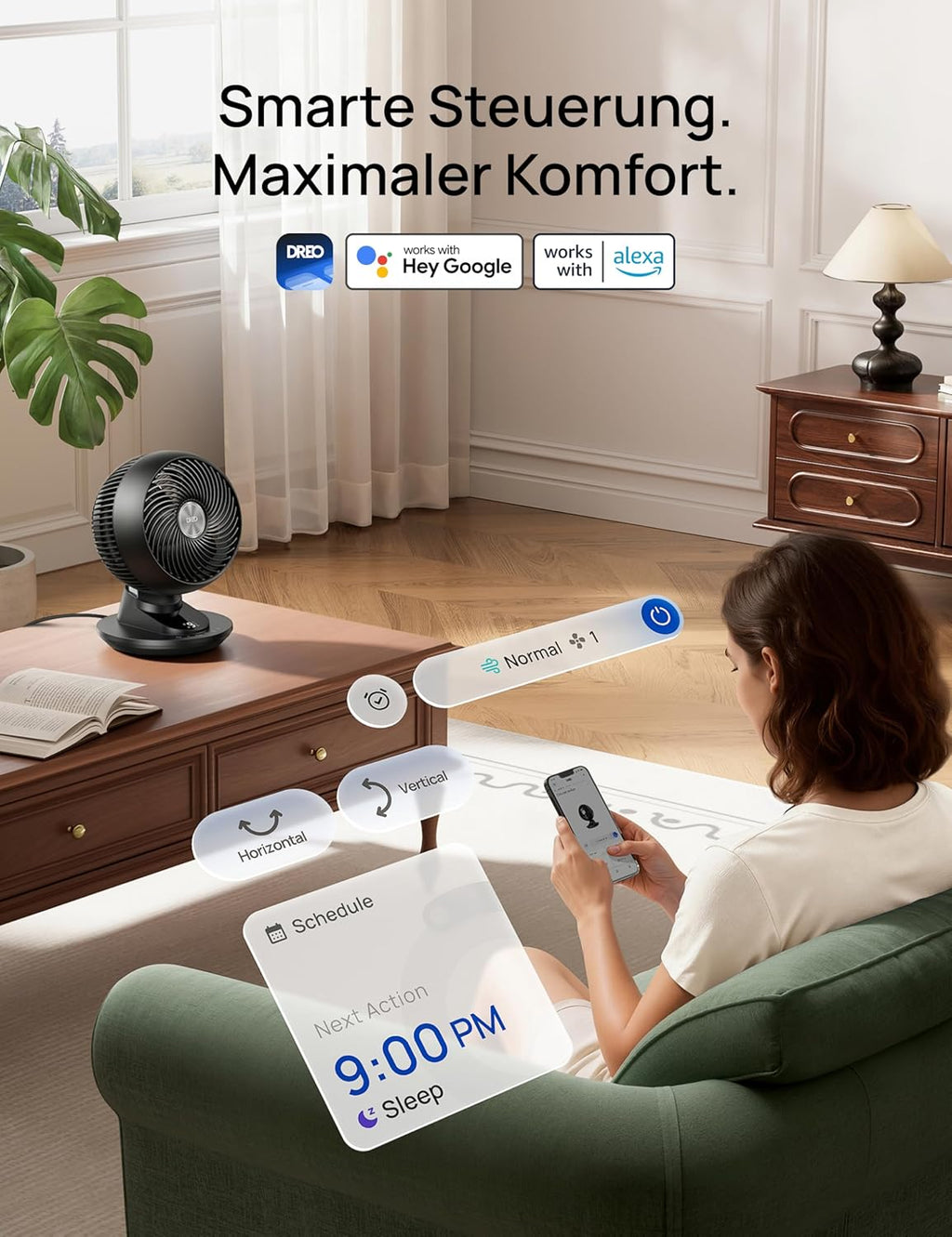 DREO TurboPoly DR-HAF008S Tischventilator – 1.530m³/h, 22dB, 100° Oszillation, 9 Stufen, WiFi, Alexa, Schwarz