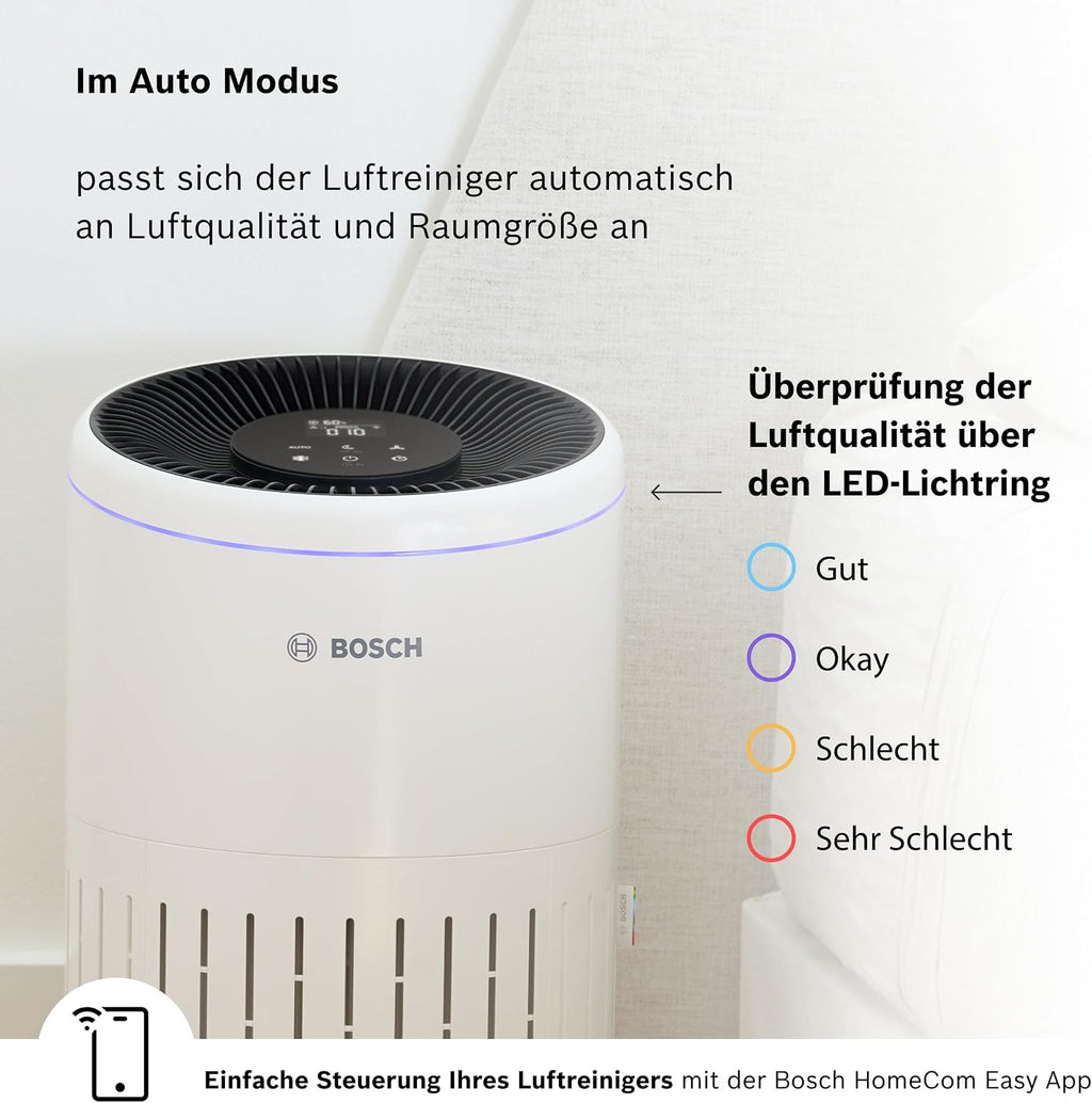 Bosch Air 4000i Luftreiniger 62,5m² – 3-in-1 HEPA+Aktivkohle, CADR 300m³/h, 25dB, App, Smart Home, Weiß