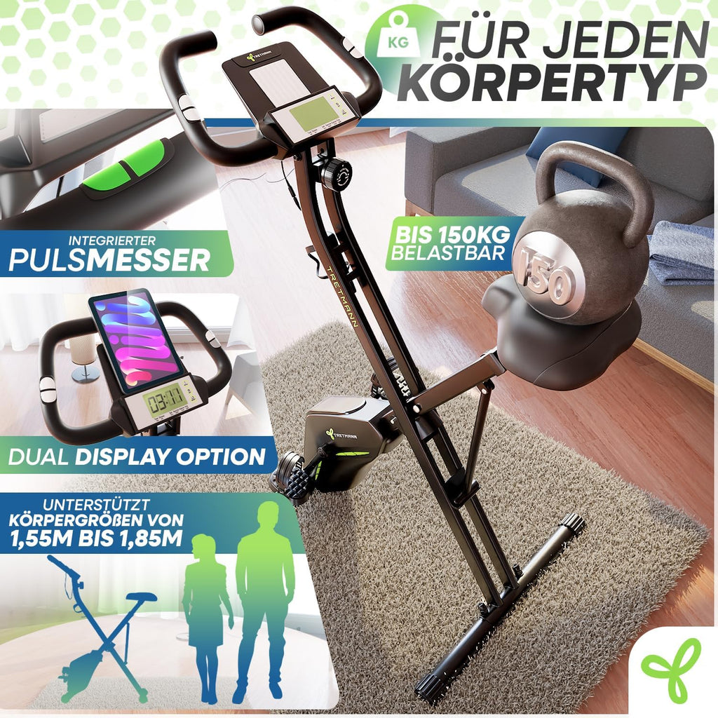TRETMANN Heimtrainer klappbar 16 Stufen – Magnetbremse, Pulssensor, 150kg, DEKRA, Matt Stahl