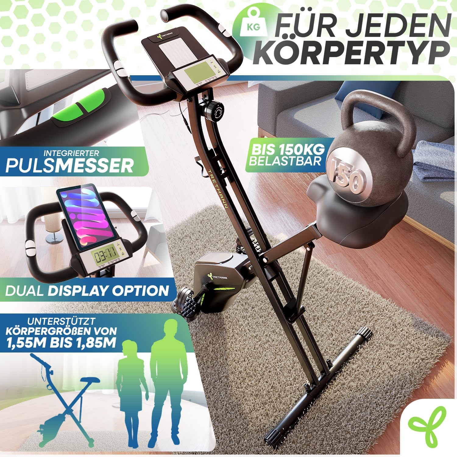 TRETMANN Heimtrainer klappbar 16 Stufen – Magnetbremse, Pulssensor, 150kg, DEKRA, Matt Stahl