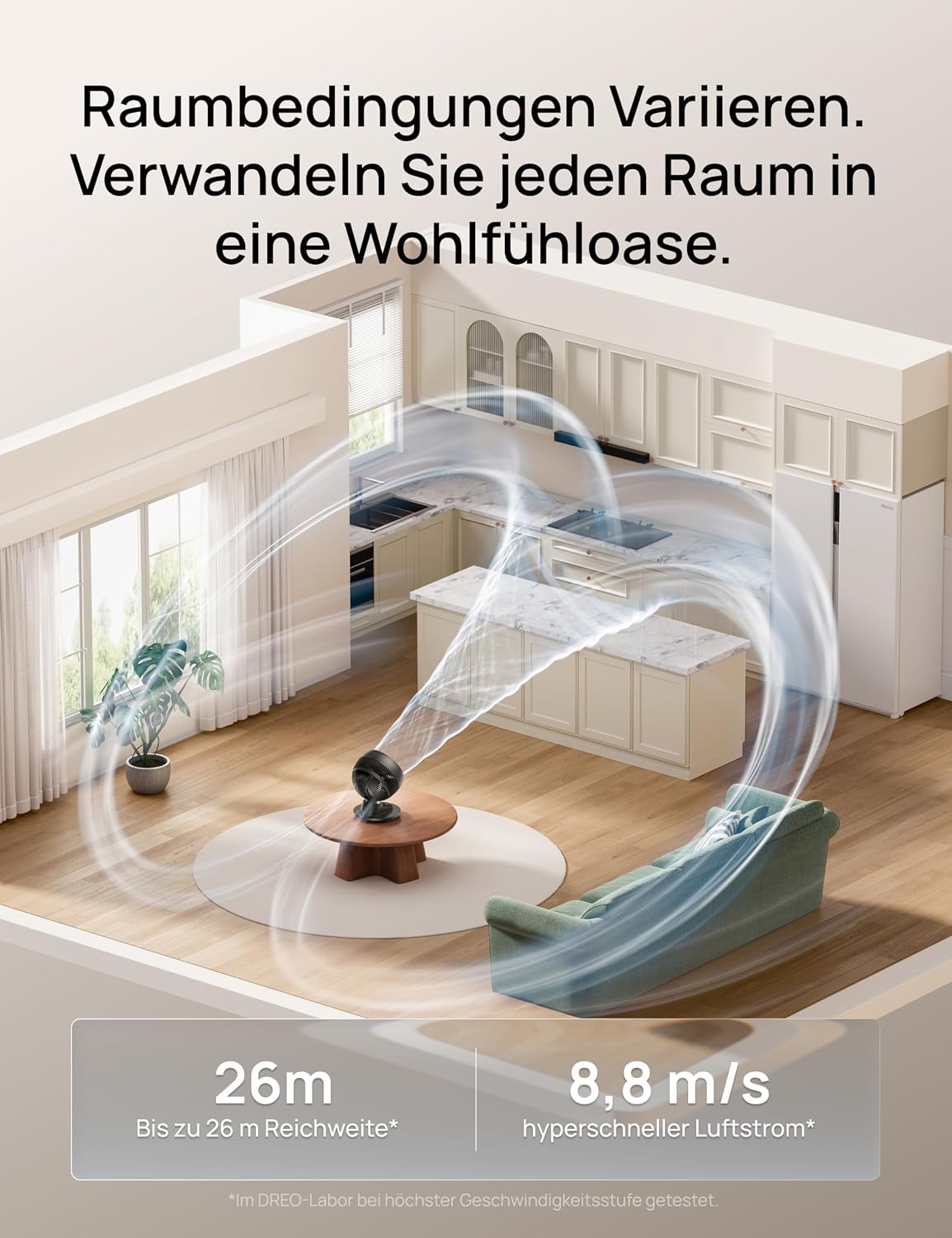 DREO TurboPoly DR-HAF008S Tischventilator – 1.530m³/h, 22dB, 100° Oszillation, 9 Stufen, WiFi, Alexa, Schwarz