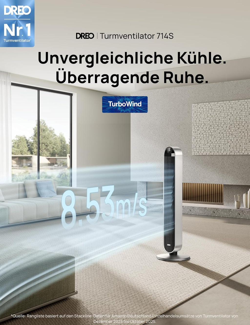 DREO Pilot Max DR-HTF004S Turmventilator 108cm – 12 Stufen, 120° Oszillation, 25dB, WiFi, Alexa, Silber